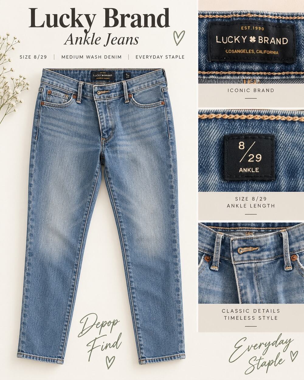 Lucky Brand Ava Mid Rise Skinny Jeans Rocky River Size 8/29 Ankle